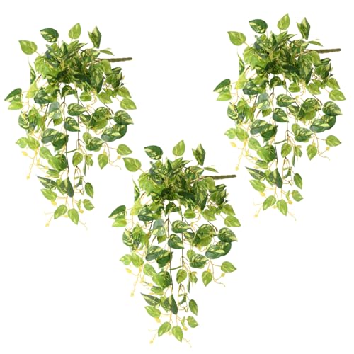 INQCMY Artificial Fake Hanging Plants Philodendro for Outdoors Spring Decoration, 3Pcs Faux Pothos Vines Realistic Greenery UV Resistant for Home Office Bedroom Bathroom Living Room Indoor - color: Green
