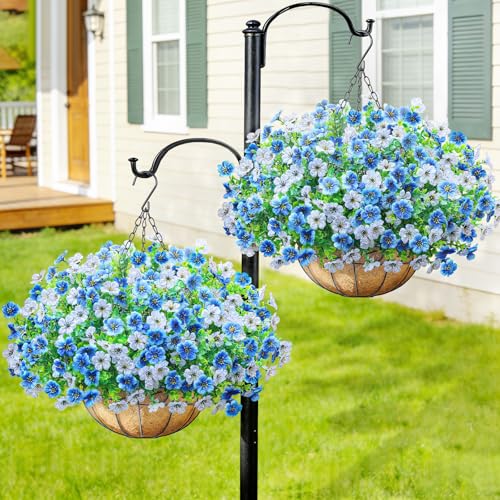 2 Pack Artfiticial Hanging Flowers Baskets for Outdoors, UV Resistant Faux Hanging Plants, 24 Pcs Fake Silk Flowers for Patio Garden Front Porch Balcony Decor (Blue White) - color: Blue White