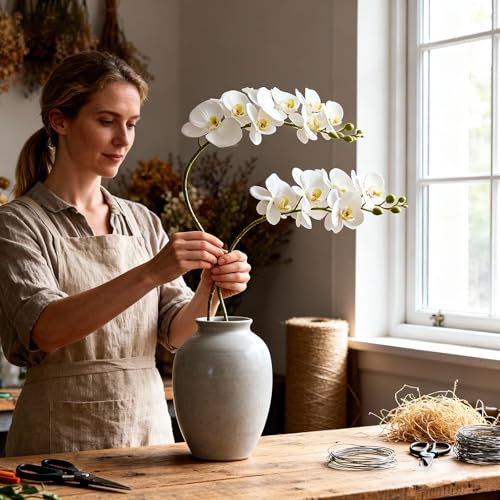 2Pcs White Orchids Artificial Flowers 38" Long Stem Fake Orchid,Real Touch Latex Faux Phalaenopsis with 9 Large Orchids for Home Décor Centerpiece Arrangements