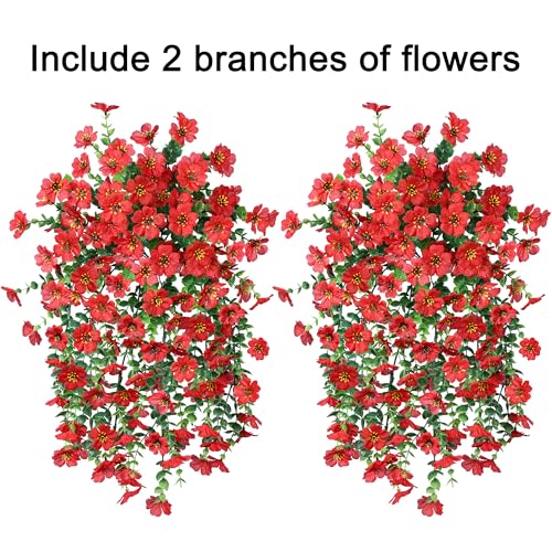 INSPRING Artificial Faux Outdoor Outside Flowers Plants, 2 PCS Fake Silk UV Resistant Look Real Red Daisy Trailing Vines for Front Door Porch Planter Urn Patio Balcony Decoration - color: Red