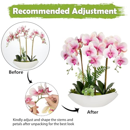 Briful Pink Orchid Artificial Flowers 18in Fake Orchid Silk Flowers with Ceramic Pot Faux Orchid Arrangement for Home Office Room Table Shelf Modern Decoration - color: Pink White