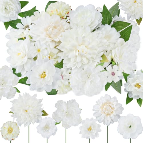 Janinka 100 Pcs White Assorted Fake Flower Heads with Long Stem Mini Artificial Flower Bulk Mix Silk Faux Daisy for Crafts Fake Peony Rose for DIY Wedding Party Wreath Home Decoration - color: White