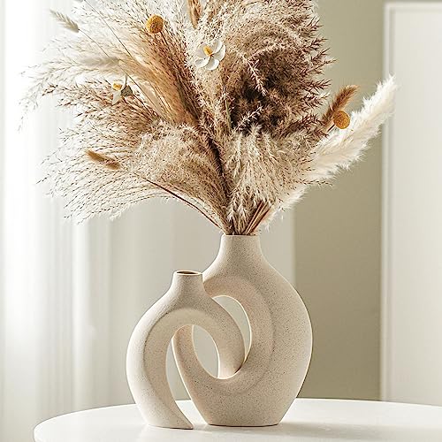 Levvohd Hollow Ceramic Vase Set of 2, Modern Nordic Minimalist Book Style Boho Aesthetic Vases for Home Decor Living Room Shelf Entryway Coffee Centerpiece Table Decorative (Cream White) - color: Off White - Round Hollow
