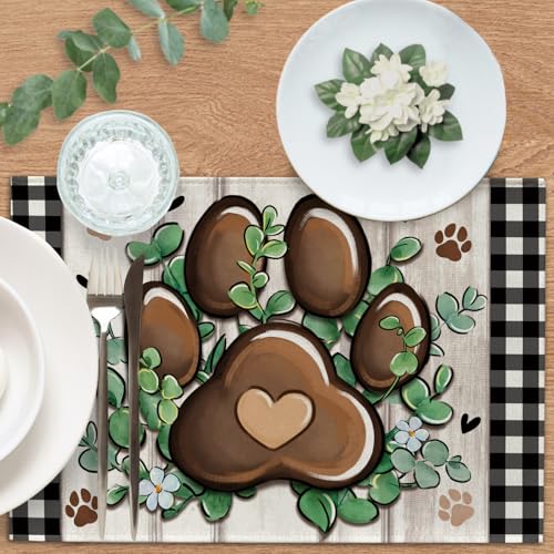Cat Dog Paw Prints Placemats Set of 4, Eucalyptus Leaves Buffalo Plaid Dining Place Mats Table Decor, Farmhouse Flower Home Kitchen Decoration Pet Owner Lover Gifts 12''x18'' - color: Paw, size: Placemats 12''X18''