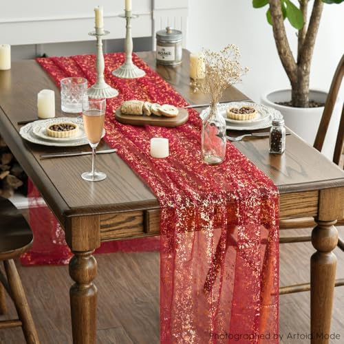 Artoid Mode Red Gold Gauze Table Runner 120 Inch 10FT, Glitter Metallic Foil Sheer Dining Wedding Anniversary Holiday Table Decor for Home Party - color: Red, size: 28" x 120"