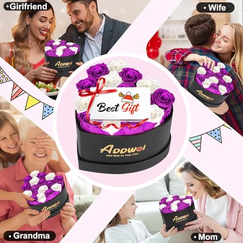 ADDWel Preserved Roses Bouquet for Her Anniversary, Birthday Flower Gifts for Women, 16-Pieces Eternal Roses with Natural Fragrance in Heart-Shape Box for Wife Girlfriend Mom - color: Purple & White - 16 Roses