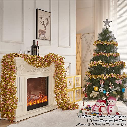 PONKING 8 Pcs x 8.2 ft Flower Garland Artificial Rose Vine Flowers with Green Leaves Hanging Fake Roses Vine for Room Party Home Wedding Birthday Christmas Wall Arch Decor, Champagne Pink Flower - color: Fall-pink Champagne-8pcs, size: 8 Vines 66FT