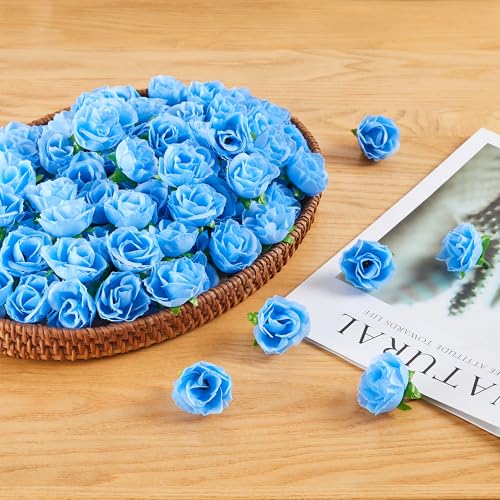 SITUMEIZI 100 Pcs 1.3 inches Mini Light Blue Rose Head Blue Roses Artificial Flowers for Wedding Decor, Graduation Cap, Cake, DIY Flower Wall Mother's Day Home Party Decor - color: Light-blue
