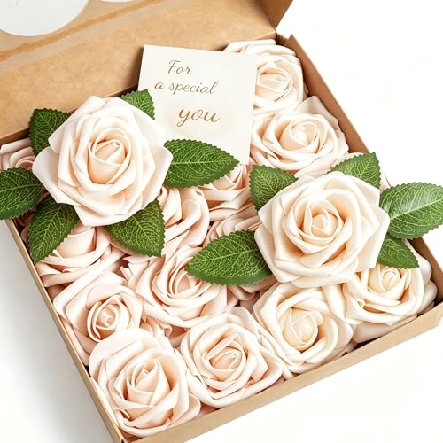 16 Pcs Fake Champagne Roses Artificial Flowers | Champagne Foam Roses with Stems, Artificial Flowers for DIY Wedding Bouquets, Centerpieces, Party, Home Decor - color: Champagne Flower