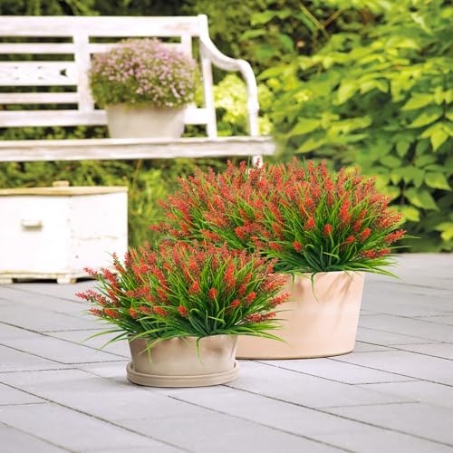 obbsie 12 Bundles Artificial Plants Outdoor, 18.2" UV Resistant Faux Monkey Grass Greenery Stems No Fade Faux Plastic Flowers Shrubs for Home Weddings Garden Porch Front Patio Office Decor - Red - color: Red, size: 12 Pcs