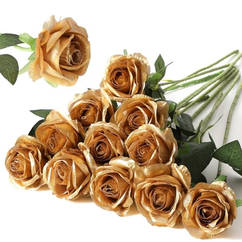 Hawesome 12PCS Artificial Silk Flowers Realistic Roses Bouquet Long Stem for Home Wedding Decoration Party (Gold, 12Pcs Flowers) - color: Gold, size: 12Pcs Flowers