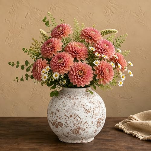 Ceramic Flower Vase, Small Round Decorative Vase 5.5 Inches, Handmade Textured Vase for Flowers, Farmhouse Home Decor, Table Centerpiece, Living Room Shelf Decor - color: Brown