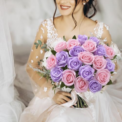 20PCS Artificial Roses with Long Stems - Realistic Silk Flowers, Fake Roses Real Touch Bouquet Roses for Home Decor, Bridal Wedding Table Centerpieces, Faux Rose Flowers (Pink Purple) - color: Pink&purple, size: 20 PCS