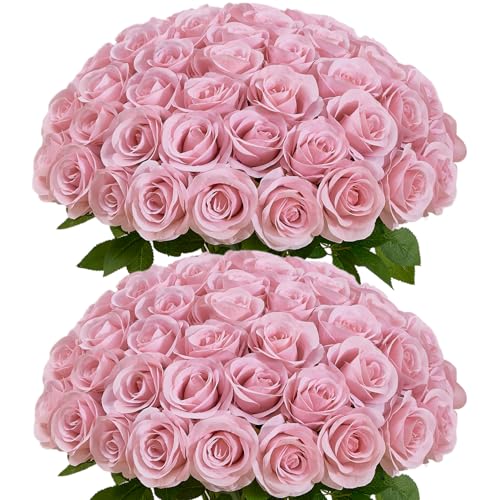 60 PCS Fake Dusty Pink Roses, Artificial Burgundy Flowers Bulk Realistic Silk Faux Rose with Stems for Wedding Decoration Anniversary Bridal Bouquet DIY Floral Arrangement Romantic Home Decor Gifts - color: Dusty Pink