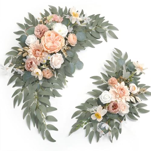 Faux Flower Swag Set of 2 for Wedding Welcome Signs Floral Swag Wedding Reception Ceremony Signs Decor (Champagne & Pink) - color: Coral Pink