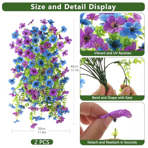 Artificial Faux Flowers Plants for Outdoor Spring Summer Decoration, 2 PCS Fake Silk Daisy Flowers No Fade UV Resistant Realistic for Outside Home Planter Porch Patio Balcony Yard Decor (Blue Purple) - color: Blue Purple