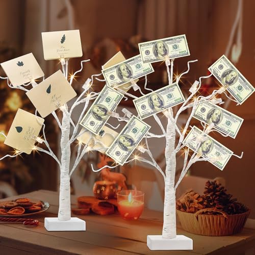 PEIDUO Set of 2 Money Trees, Lighted 22Inch 24LT White Birth Tree with Clips and Greeting Cards, Gift Card Holder for Birthday,Christmas, Wedding, Father's Day Graduation Gifts, Money Tree Gift Holder - style: 2PK Money Tree