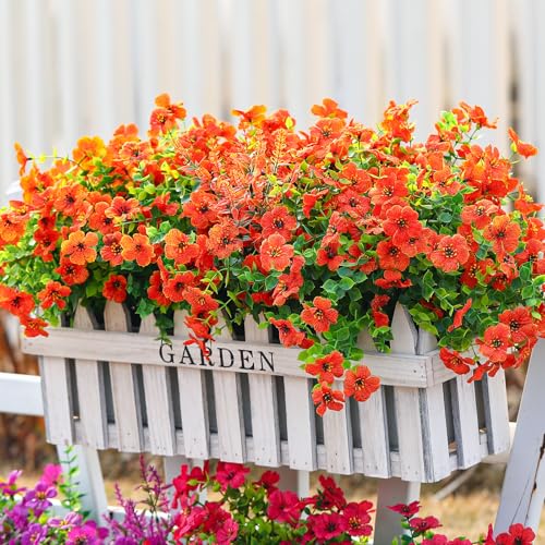 SHareconn 48 Bundles Artificial Flowers for Outdoors Decoration, Faux Plants Fake Silk Colorful Daisy Eucalyptus Lavender, UV Resistant for Outside Home Porch Patio Indoor Spring Decor, Orange - color: Spring Orange