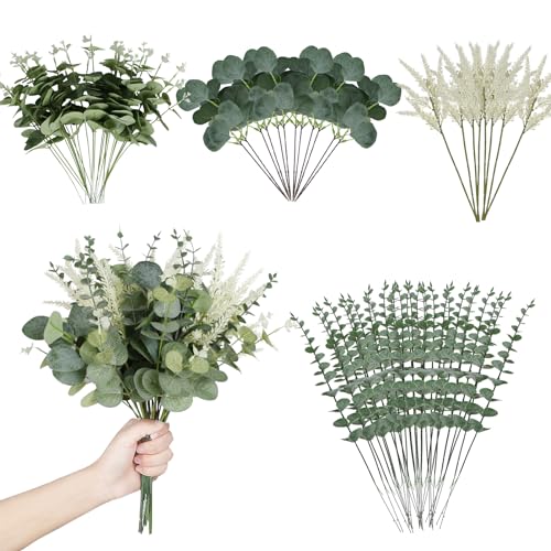 Coreland Artificial Eucalyptus Leaves Stems 120 Pcs 4 Kinds Mixed Fake Silver Dollar Eucalyptus Leaves Stem Bulk Faux Leaf for DIY Bouquets Floral Arrangement Wedding Home Decor - color: Ferns-120pcs