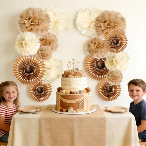 PAPER JAZZ 15 Pcs Wedding Decoration Vintage Beige Pompoms Decoration Brown Paper Fans Boho Party Decoration for Wedding Decoration Birthday Table Decoration Baby Shower - color: Vintage
