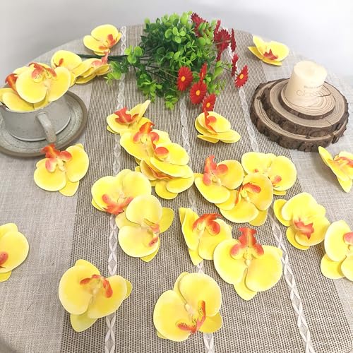 Fake Yellow Orchids Artificial Flowers Heads, 3.5''Fake Orchid Heads for Wedding Floral Bouquet Decor DIY Craft Making Bridal Shower Photography Props (80, Yellow) - color: Yellow