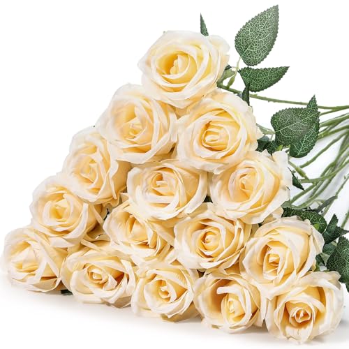 Hotop 20 Pcs Artificial Rose Flowers with Long Stem,Real Lifelike Silk Realistic Plastic Bouquet Roses Bulk for Home Decor Bridal Wedding Party Table Centerpieces Decorations(Champagne) - color: Champagne