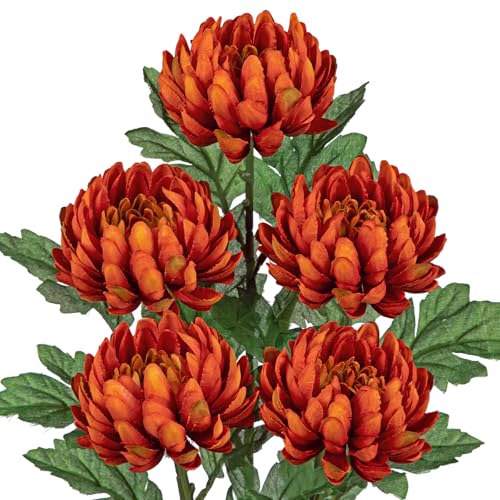 Hollyone 5Pcs Orange Artificial Mums for Outdoors Fall Chrysanthemum Flowers Fake Fall Mums Silk Long Stem Floral Arrangements Bouquets Faux Spider Mum Flower Pincushion Autumn Decorations for Home - color: Orange