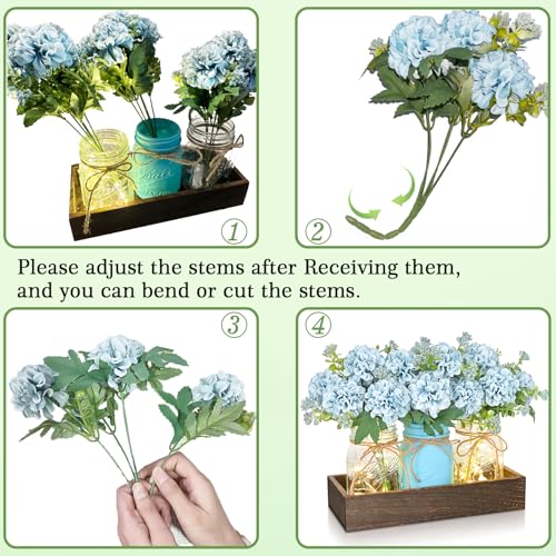 BLEUM CADE Centerpiece Table Decorations - Mason Jar Lights Centerpiece for Kitchen Dining Table Farmhouse Coffee Table Wedding Home Decor with 3 Jars Hydrangea Artificial Flowers & Wood Tray - color: Blue-hydrangea