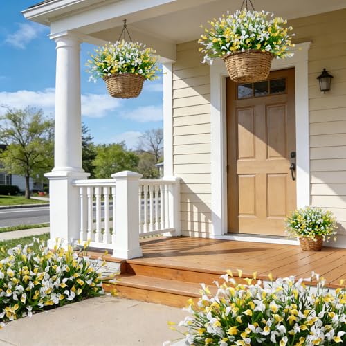 INXUGAO 12 Bundles Calla Lily Artificial Flowers for Outdoors, UV Resistant Faux Plastic Flowers for Home Porch Yards, Fake Plants for Spring Summer Cemetery Decor (Yellow White) - color: Yellow White, size: 12 Pcs