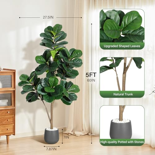 5 ft Fiddle Leaf Fig Tree Artificial with 77 Leaves - Realistic Faux Ficus Lyrata Trees in 7.8 in Grey Planter Pot, Indoor Fake Floor Plants for Home Office Living Room Decor, Housewarming Gift - color: With Black Planter, size: 5ft
