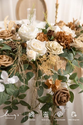 Ling's moment 9FT Spring Flower Garland for Backdrop Decorations - Wedding Arch Flowers, Eucalyptus & Rose, Artificial Floral Garland for Mantel - Sweetheart Table Decor for Reception, Beige Brown - color: Brn-beige & Brown