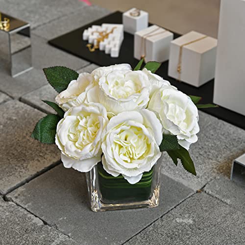 Artificial Peony Silk Flower Centerpieces Faux Floral Arrangement in Glass Vase for Home Wedding Table Decoration (Cream) - color: Cream