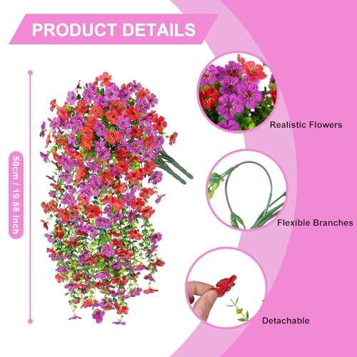Hrobek 4 PCS Artificial Hanging Plants Flowers for Outdoor Srpring Summer Decoration, Fake Realistic Daisy Eucalyptus for Outdoors, Faux Plastic Greenery Long Vine Indoor Wall Patio Porch Decor - color: A-red Purple