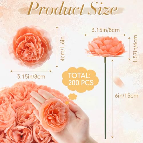 Thiccywoov 200 Pcs Flowers Long Stem Artificial Rose Bulk, 3.2 Inches Silk Rose Head Flowers Faux for Wedding Bridal Bouquet Independence Day Home Floral DIY Centerpieces Party Decoration(Peach) - color: Peach