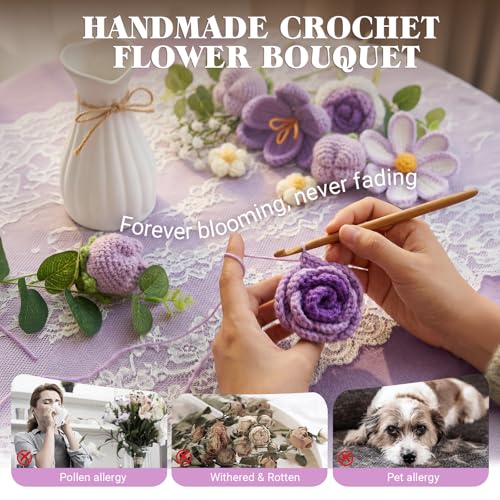 Crochet Flower Bouquet, Purple Handmade Knitted Flowers with Lights & Vase Crochet Tulips Galsang Liliy Rose Daisy Flower for Mothers Day Graduation Wedding Lover Teacher Anniversary Birthday Gift - color: Purple