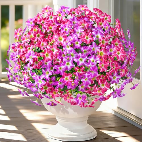 MARTINE MALL 24 Bundles Look Real Artificial Flowers for Outdoors, Realistic Fake Outdoor Flowers, UV Resistant Silk Petunia Flowers for Outside Faux Flowers for Outdoor Garden, Fuchsia & Rose Red - color: Mixed Fuchsia & Rose Red, size: 24 Bundles