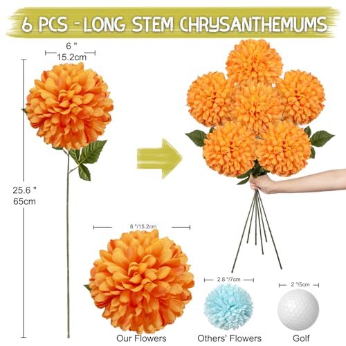 Briful [6PCS Autumn Artificial Chrysanthemum Flowers – 25.6” Long Stem Faux Silk Flowers with Large 6” Bloom Heads, Realistic Plastic Leaves – for Home Wedding Party Office Fall Decor (Orange) - color: 6'' Dia. 6pcs Orange