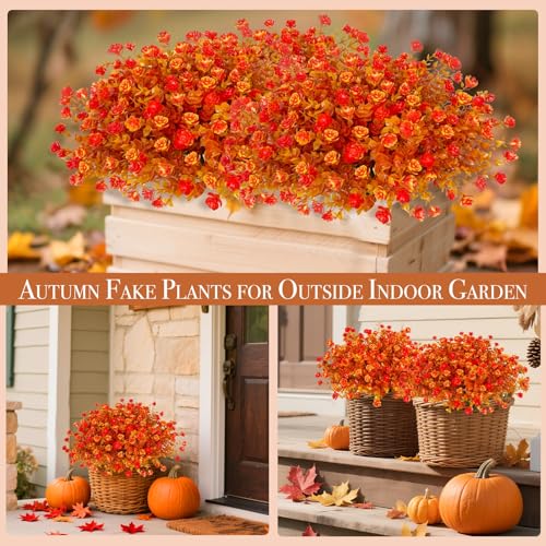 12 Bundles Artificial Fall Flowers for Outdoors Fall Thanksgiving Decorations, UV Resistant Fake Mums Faux Fall Plants Plastic Greenery Shrub Home Porch Gardens Autumn Decor(Brown Eucalyptus Flower) - color: Brown Eucalyptus Flower, size: 12 Bundles