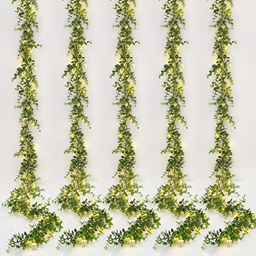 Dolicer 5 Packs Eucalyptus Garland with LED Lights String, 30Ft Faux Eucalyptus Greenery Garland, Artificial Hanging Green Eucalyptus Leaves Vine Wedding Backdrop Arch Wall Table Decor (Grey Green) - color: Grey Green With Light, size: 5 Packs