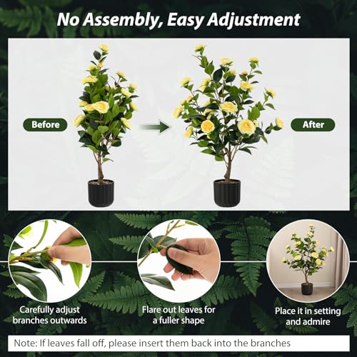 DREAMADE Artificial Camellia Tree Set of 2, 38” Tall Potted Plants Artificial Decoration w/Cement Pot, 24 Flowers, Decorative Bonsai, Faux Plant Greenery for Indoor Living Room Office Dining Room - color: Yellow,2