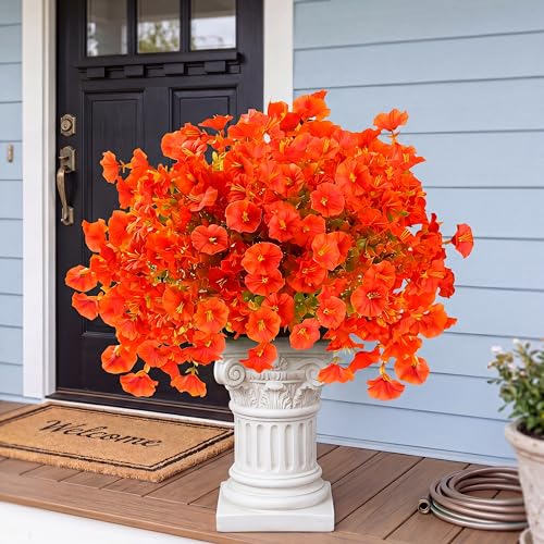 Artificial Flowers for Outdoors 12 Bundles Realistic Faux Plants UV Resistant Fake Silk Morning Glory with Eucalyptus for Front Door Planter Patio Porch Fall Thanksgiving Autumn Decoration (Orange) - color: Orange