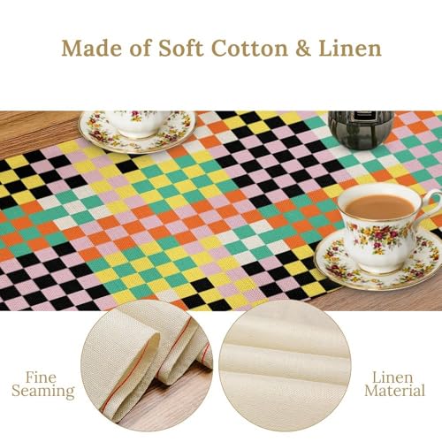 Retro Groovy Hippie Table Runner Vintage Funky Colorful Plaid Geometric Checkered Dinner Runner for Country Farmhouse Kitchen Birthday Party Holiday 36X13inch - color: Checkered-12, size: L36"x W13"
