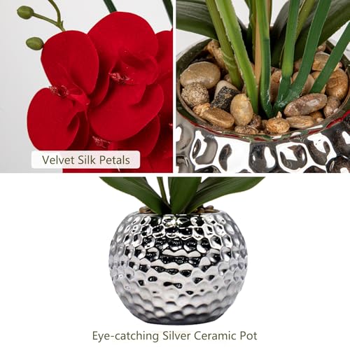 Briful Orchid Artificial Flowers 20'' Red Faux Orchid Flowers with Silver Vase Fake Phalaenopsis Silk Flowers for Home Office Dinning Room Kitchen Table Centerpiece Decor - color: Red