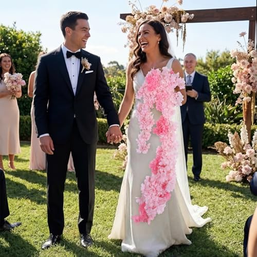 Sosation 35 Inch Artificial Wedding Bouquet for Bride, Pink Fake Cherry Blossom Flowers Cascading Bridal Cherry Blossom Bouquet, Boho Rustic Ceremony Decor for Outdoor Wedding Party Bridal Shower
