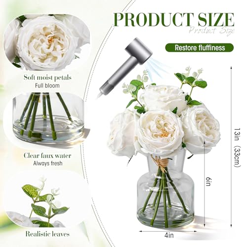 Norme Real to Touch Penoies Artificial Flowers, 6 Pcs Faux Austin Rose in Vase with Big Bloom and Fake Water Real Latex Petals for Wedding Dining Table Centerpiece Home Decor(White) - color: White