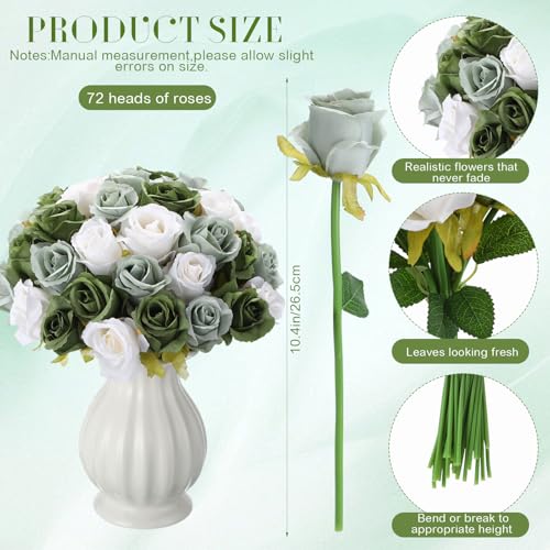Hoteam 72 Heads White Green Artificial Rose Flowers 6 Bouquet Wedding Decoration Faux Flower Arrangement Bouquet with Stem Bridal Shower Gift Floral Centerpiece for Tables - color: White Green