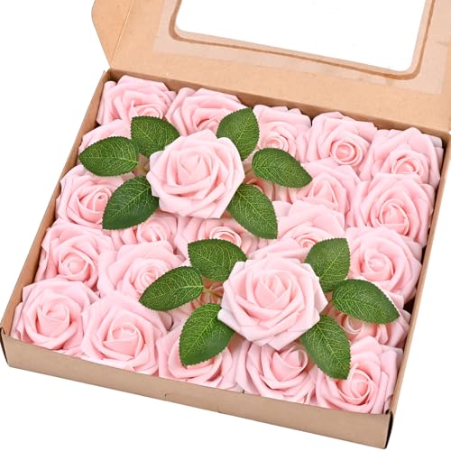 25 Pcs Artificial Flowers Fake Rose with Stems - Pink Real Touch Foam Roses for DIY Wedding Bouquet Bridal Shower Cake Toppers Centerpiece Table Valentines Day Decorations - color: Pink, size: 25Pcs