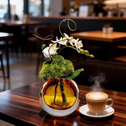 Artificial Orchids, White, in Translucent Bubble Glass Vase, Amber | Look Real, Realistic Appearance, Flower Arrangement - color: Amber