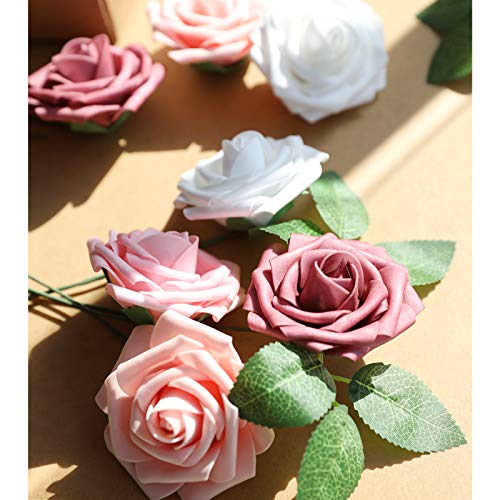 AmyHomie Artificial Flower Shades of Rose 25pcs Real Looking Fake Roses w/Stem for DIY Wedding Bouquets Centerpieces Arrangements Party Baby Shower Valentines Day Christmas Tree Decorations - color: Shades of Rose