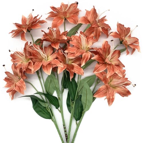 Artificial Lily Flowers, Vintage Fake Silk Flower Long Stems Stargazer Lilies Real Touch Faux Plants Stem Tiger Bouquets for Home Decor Indoor Outdoor Wedding Party Floral DIY Decorations Brown 4 Pack - color: Lily Flowers - Brown 4 Pcs